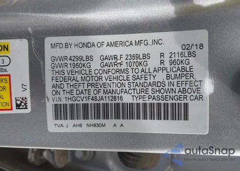 2018 Honda Accord Ex из США, поврежденный, VIN 1HGCV1F48JA112816